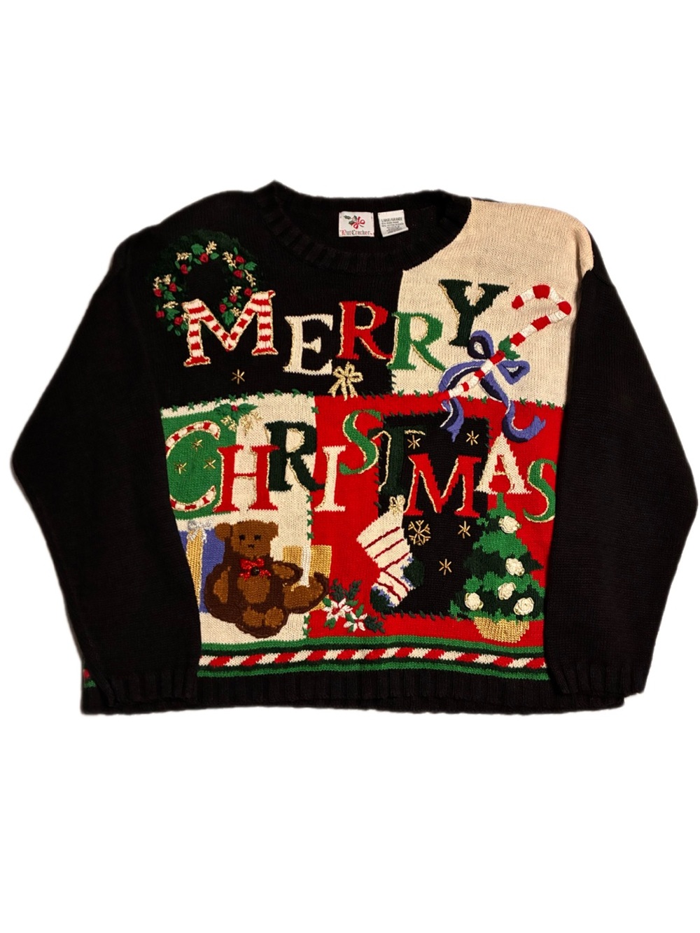 Vintage NutCracker Ugly Christmas Sweater Patchwork Knit Large Bear Tree Ramie